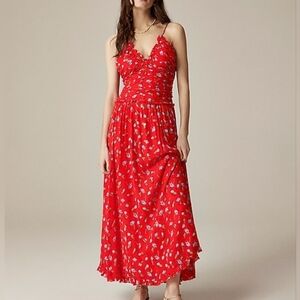 J.crew Collection ruched Georgette chiffon dress Maxi Floral Red Multi Bnwt